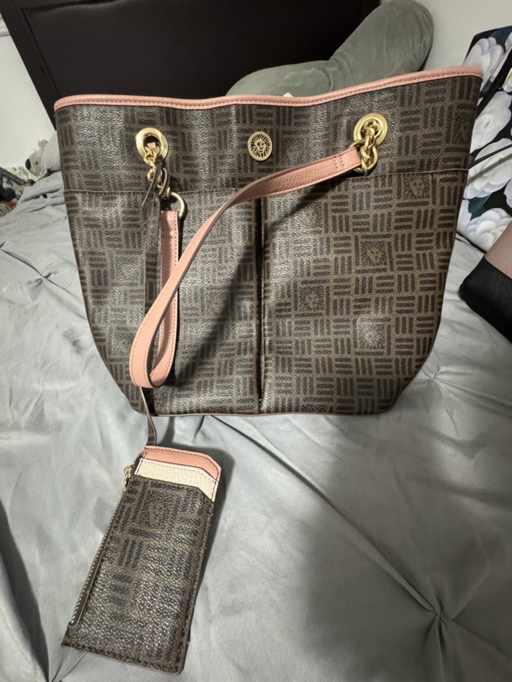 Anne Klein Brown Tote with Pink Trim and Gold Hardware
